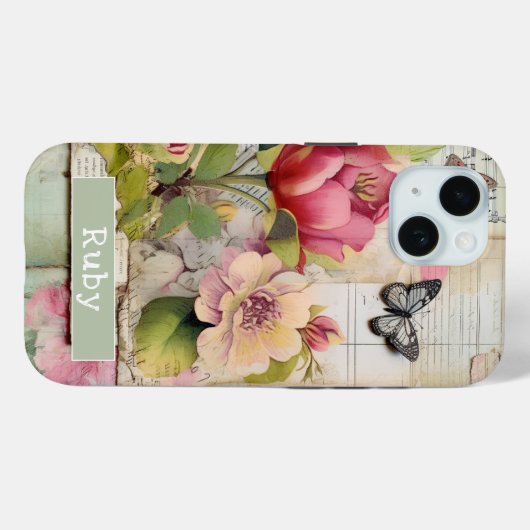 Bloemen Custom Name Scrapbook Collage Roze Case-Mate iPhone Case (Achterkant (horizontaal))