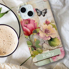 Bloemen Custom Name Scrapbook Collage Roze iPhone 15 Case