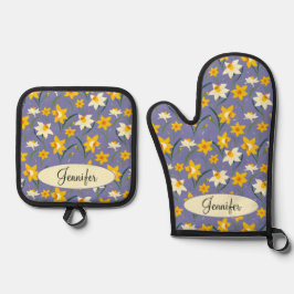 Bloemen Daffodil Bloempatroon met Aangepaste Naam Ovenwant & Pannenlap Set
