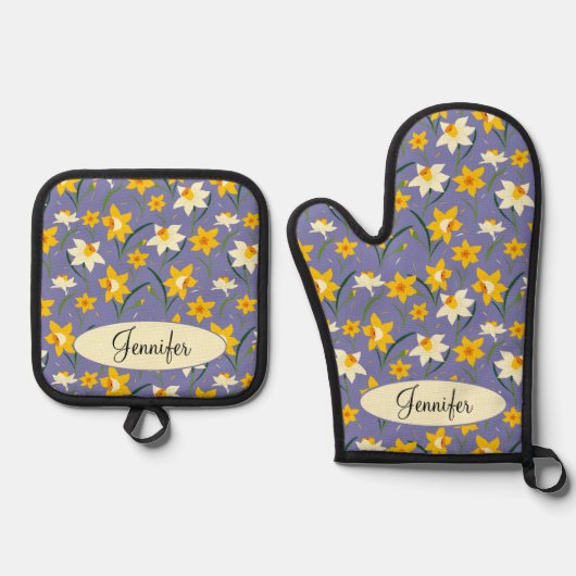 Bloemen Daffodil Bloempatroon met Aangepaste Naam Ovenwant & Pannenlap Set (Voorkant)