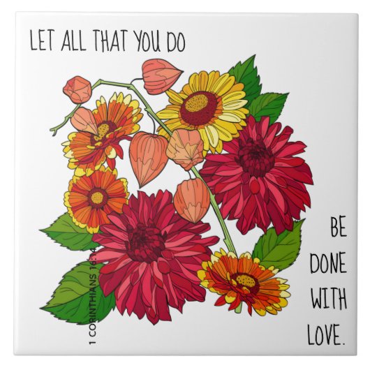 Bloemen (Daisies), w vers van 1 Korintiërs 16:14 Tegeltje (Voorkant)