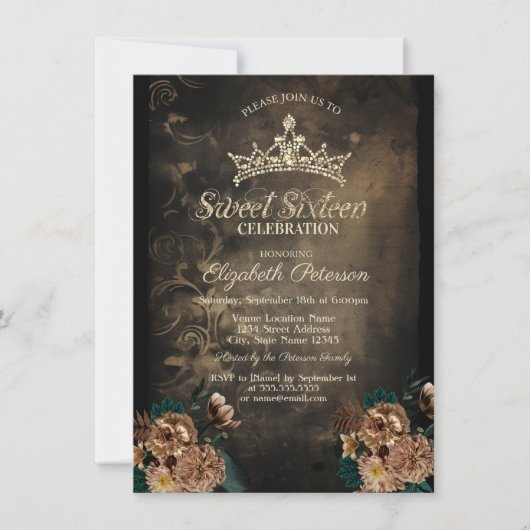  Bloemen Damask Dark Gothic Sweet 16 Kaart (Voorkant)