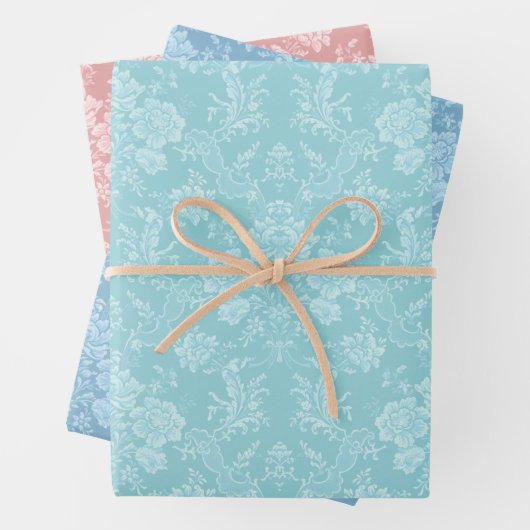 Bloemen Damask-Pastel Mint, roze, blauw Inpakpapier Vel (In situ)