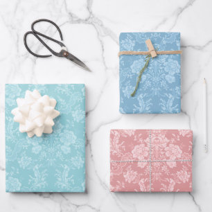  Bloemen Damask-Pastel Mint, roze, blauw Inpakpapier Vel