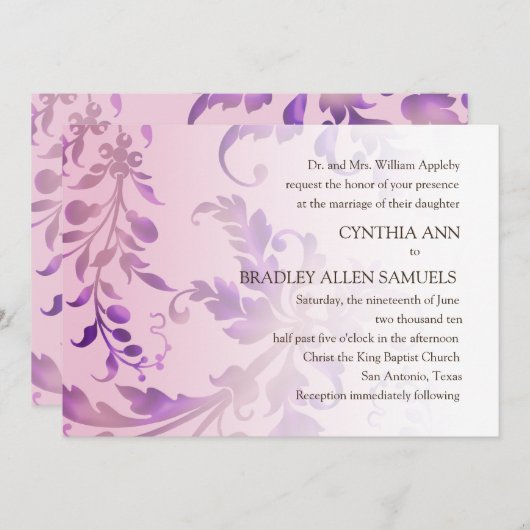 Bloemen Damask Roze en Paarse bruiloft uitnodiging (Voorkant / Achterkant)
