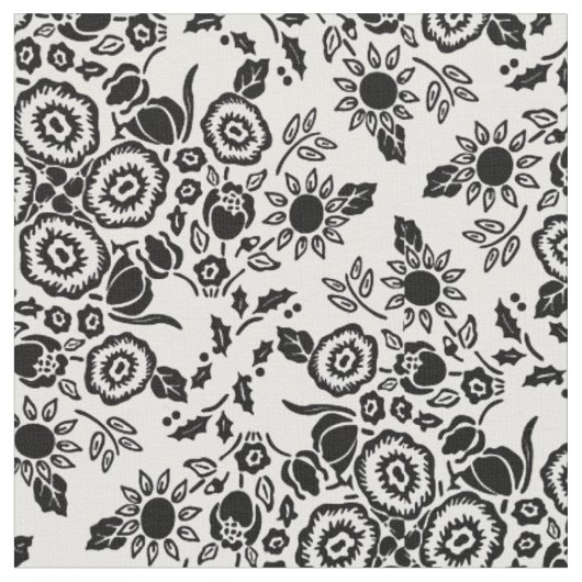 Bloemen Damask Zwart Wit Stof (Close Up)