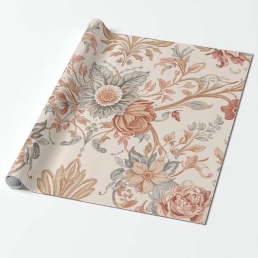Bloemen Damaskpatroon met Rozen en Leave Cadeaupapier (Uitgerold)