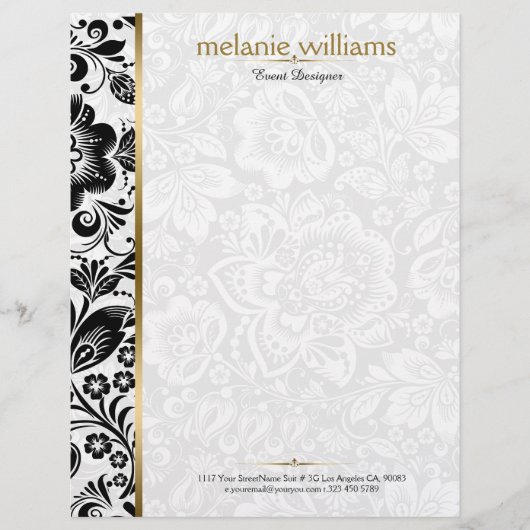 Bloemen damast in zwart & wit met gouden accenten briefhoofd (Voorkant)