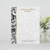 Bloemen damast in zwart & wit met gouden accenten briefhoofd (Staand voorkant)