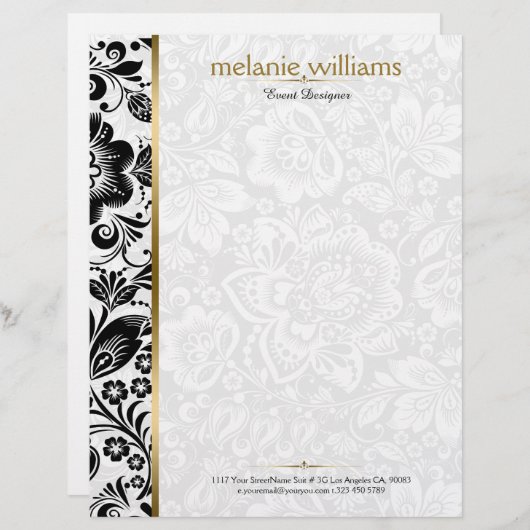Bloemen damast in zwart & wit met gouden accenten briefhoofd (Voorkant / Achterkant)