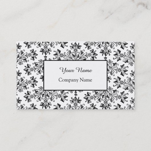 Bloemen Damast Zwart Wit Bewerkbare Visitekaartjes (Voorkant)