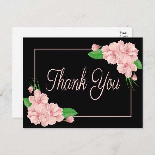 Bloemen Dank u Roze Bloemen Zwart Trouwfeest Briefkaart (Voorkant / Achterkant)