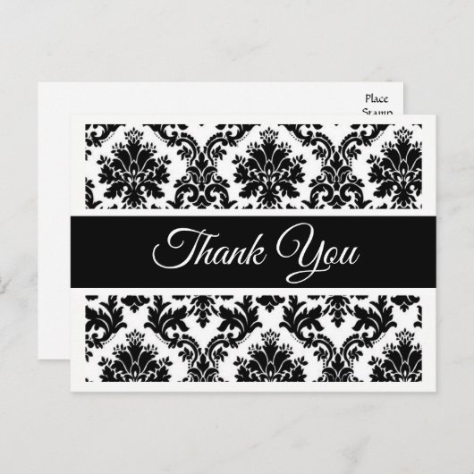  Bloemen Dank U Zwart-Wit Damask Briefkaart (Voorkant / Achterkant)