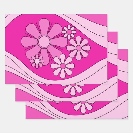 Bloemen Daydream Retro Hot Pink 60s Bloemen Inpakpapier Vel (Set)