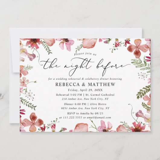 Bloemen de avond voor bruiloft repetitie diner kaart (Voorkant)