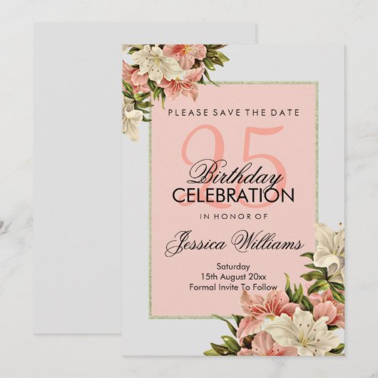 Bloemen decoraties Vrouwelijke verjaardag Save The Date (Voorkant / Achterkant)