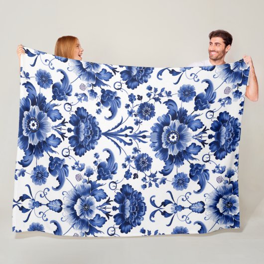 Bloemen Delfts Blauw Fleece Deken (In situ)