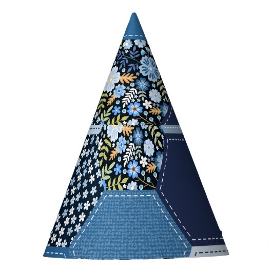 Bloemen, denim patchwork: blauw patroon. feesthoedjes (Voorkant)