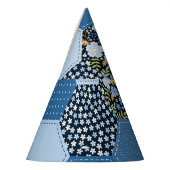 Bloemen, denim patchwork: blauw patroon. feesthoedjes (Links)