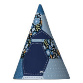 Bloemen, denim patchwork: blauw patroon. feesthoedjes (Rechts)