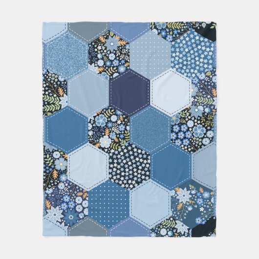 Bloemen, denim patchwork: blauw patroon. fleece deken (Voorkant)