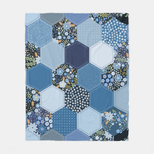 Bloemen, denim patchwork: blauw patroon. fleece deken