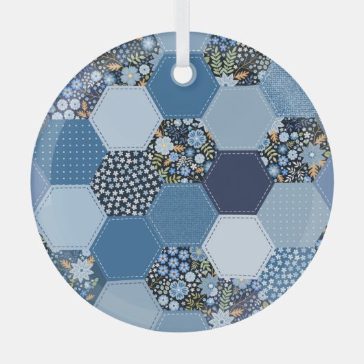 Bloemen, denim patchwork: blauw patroon. glas ornament (Voorkant)