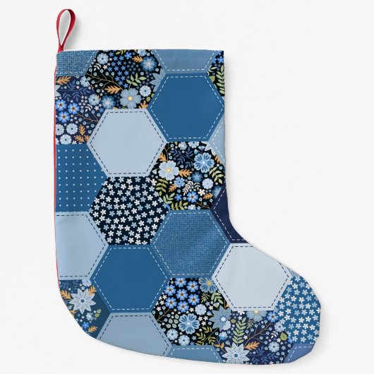 Bloemen, denim patchwork: blauw patroon. kleine kerstsok (Voorkant)