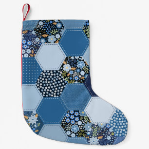 Bloemen, denim patchwork: blauw patroon. kleine kerstsok