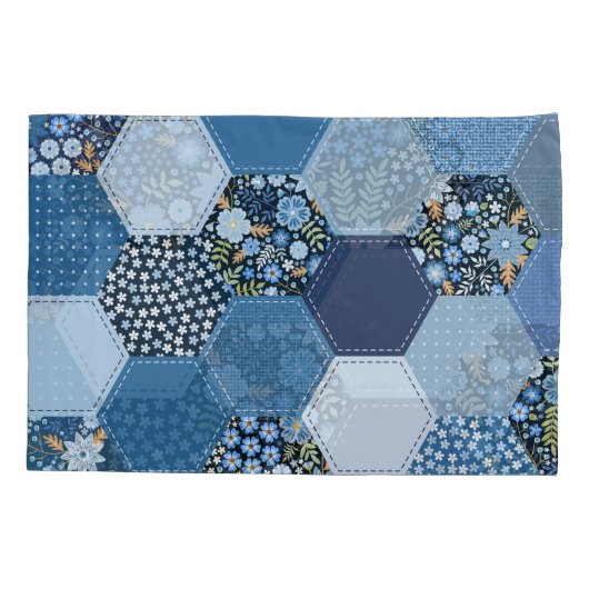 Bloemen, denim patchwork: blauw patroon. kussensloop (Achterkant)