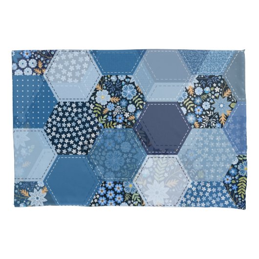 Bloemen, denim patchwork: blauw patroon. kussensloop (Voorkant)