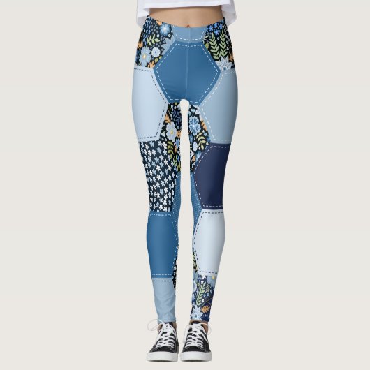 Bloemen, denim patchwork: blauw patroon. leggings (Voorkant)