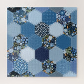 Bloemen, denim patchwork: blauw patroon. legpuzzel (Horizontaal)