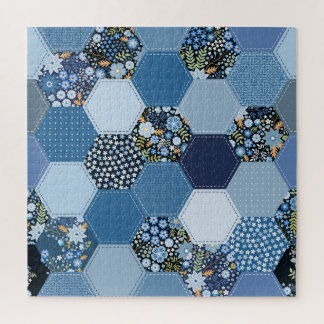 Bloemen, denim patchwork: blauw patroon. legpuzzel