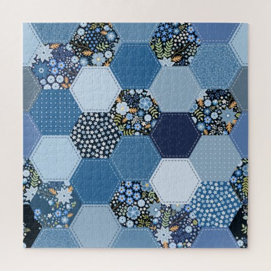 Bloemen, denim patchwork: blauw patroon. legpuzzel (Verticaal)