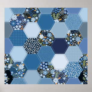 Bloemen, denim patchwork: blauw patroon. poster