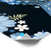Bloemen, denim patchwork: blauw patroon. poster (Hoek)