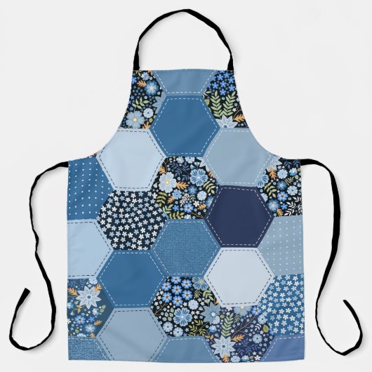 Bloemen, denim patchwork: blauw patroon. schort (Voorkant)
