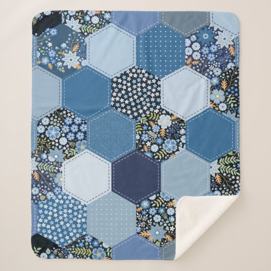 Bloemen, denim patchwork: blauw patroon. sherpa deken (Voorkant)