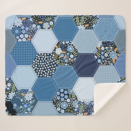 Bloemen, denim patchwork: blauw patroon. sherpa deken (Voorkant (horizontaal))