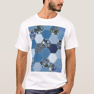 Bloemen, denim patchwork: blauw patroon. t-shirt