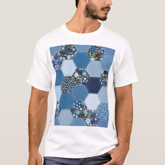 Bloemen, denim patchwork: blauw patroon. t-shirt (Voorkant)