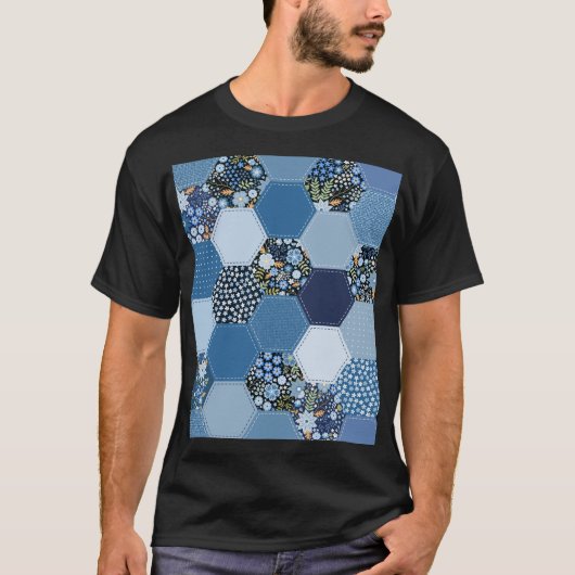 Bloemen, denim patchwork: blauw patroon. t-shirt (Voorkant)