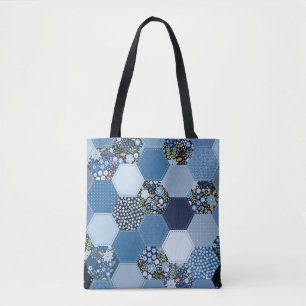 Bloemen, denim patchwork: blauw patroon. tote bag