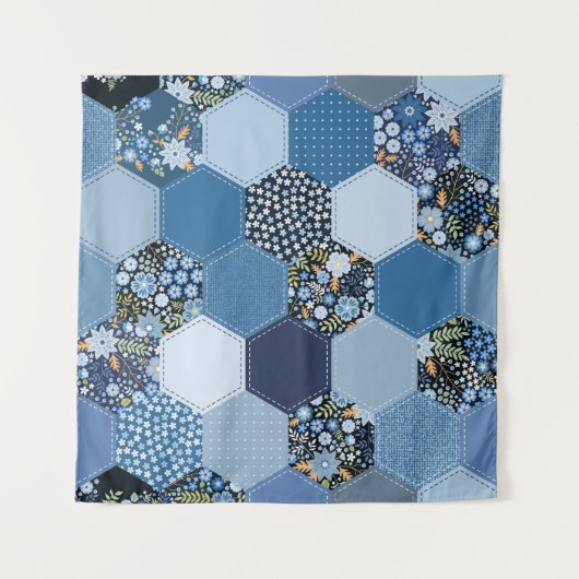 Bloemen, denim patchwork: blauw patroon. wandkleed (Voorkant (horizontaal))