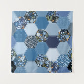 Bloemen, denim patchwork: blauw patroon. wandkleed (Voorkant)