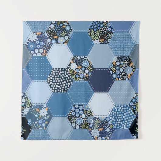 Bloemen, denim patchwork: blauw patroon. wandkleed (Voorkant)