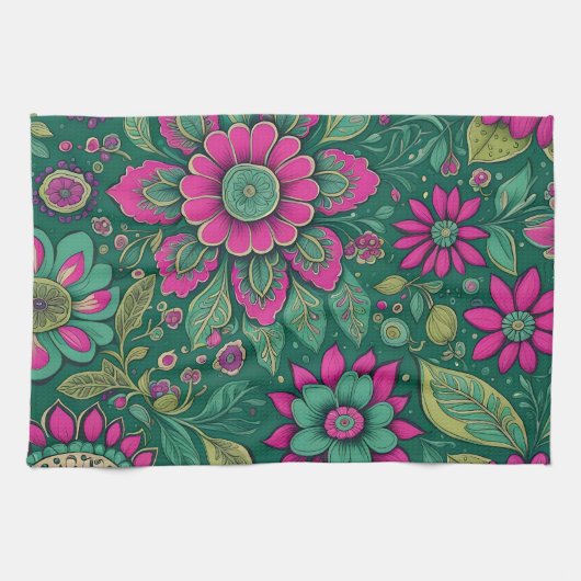 Bloemen Design Roze Groene Retro Classic Theedoek (Horizontaal)