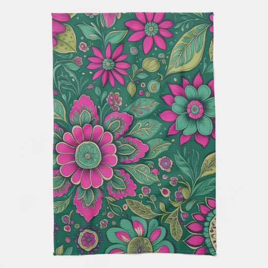Bloemen Design Roze Groene Retro Classic Theedoek (Verticaal)