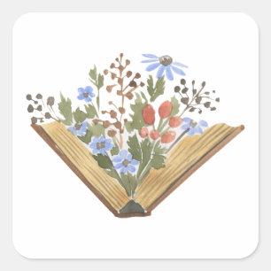 Bloemen die uit een boek groeien vierkante sticker